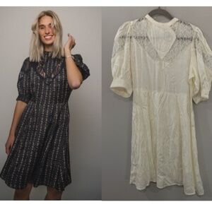 NWT By Timo Dress Jacquard Lace Mini Vintage Puff Sleeve in Cream